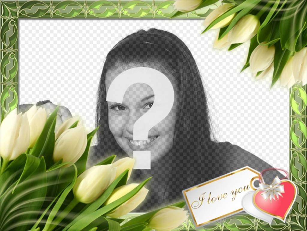 Fotorahmen mit Tulpen und einem Hinweis dass ich dich liebe bringt. Um ein Bild online..