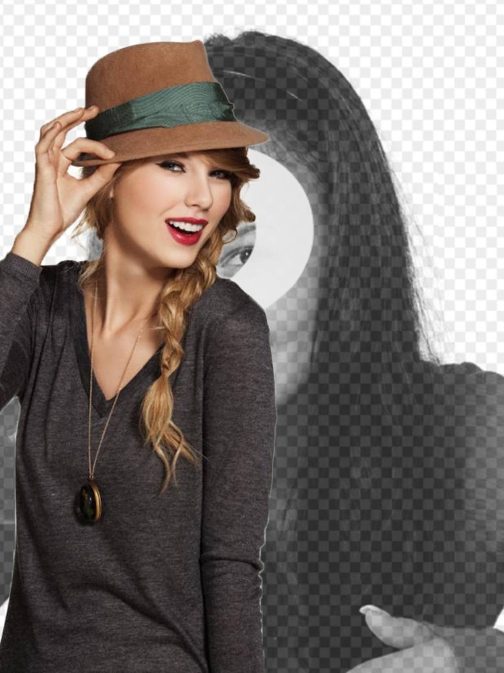 Fotomontage mit Taylor Swift, in dem Sie mit der Sängerin trägt einen Hut und roten Lippen..