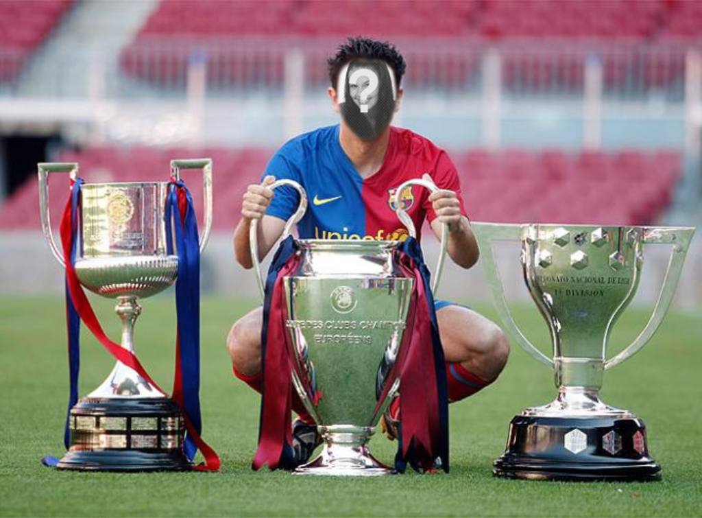 Fotomontage und stellen Sie Ihr Foto mit dem Triplett-, Pokal und Champions League des FC Barcelona..