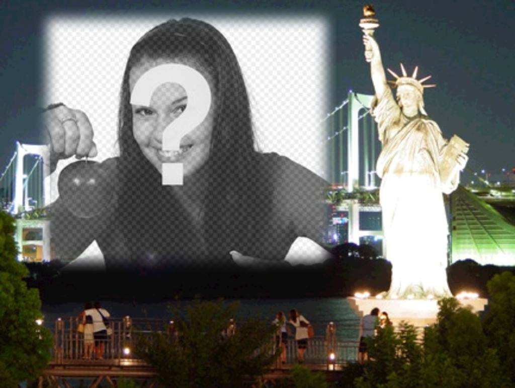 Fotomontage eine personalisierte Karte zu machen. Dein Bild mit New York in der Nacht auf den Boden, um die Freiheitsstatue zu..